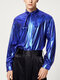 Mens Shiny Metallic Bow Tie Neck Shirt - Blue