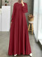 Women Lace Patchwork Pleated Muslim Long Sleeve Maxi Dress - Wine Red