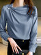 Women Solid Satin Fold Pleated Long Sleeve Blouse - Blue