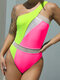 Women Contrast Color Hollow Out One Piece Beach Swimsuits With Pad - Rose