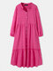 Solid Color Button Pleated Long Sleeve Casual Dress for Women - Rose