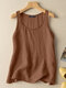 Solid Round Neck Sleeveless Casual Cotton Tank Top - Brown