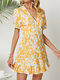 Zip Short Sleeve V-neck Ruffle Print Dress for Women - Yellow