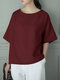 Women Solid Half Sleeve Crew Neck Casual T-shirt - Wine Red