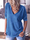 Solid Color Long Sleeve V-neck T-shirt For Women - Light Blue