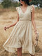 Hollow Solid Color V-neck Sleeveless Casual Dress For Women - Beige