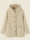 Solid Plush Pocket Drawstring Hooded Button Long Sleeve Coat - Apricot