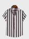 Mens Striped Curved Hem Lapel Collar Casual Shirts - Brown