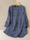 Dot Print Pocket Loose Long Sleeve Button Front Blouse - Navy