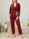Women Crane Print Belted Kimono Comfy Chinese Style Pajamas Sets - Red