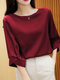 Satin Solid Crew Neck 3/4 Sleeve Women Blouse - Wine Red