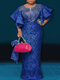 Plus Size Women Floral Print Notched Neck Maxi Dress - Royal