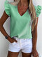 Striped Ruffled Sleeve V-neck Casual Blouse - Green