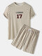 Mens Letter 17 Print Striped Raglan Sleeve Drawstring Two Piece Outfits - Khaki