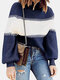 Contrast Color Lantern Sleeve O-neck Sweater For Women - Navy