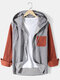 Mens Corduroy Contrast Patchwork Casual Long Sleeve Chest Pocket Drawstring Hooded Shirts - Gray