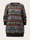 Plus Size Ethnic Pattern Vintage Loose Patchwork Sweater - Navy