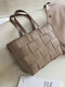 Women Brown PU Leather Weave Large Capacity Quilted Bag Handbag Shoulder Bag Tote - Khaki