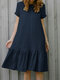 Women Solid Ruffle Hem Short Sleeve Vintage Dress - Blue