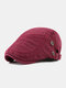 Men Cotton Solid Color Patchwork Embroidery Thread Adjustable Casual Beret Flat Cap - Wine Red