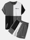 Mens Japanese Print Color Block Stitching Daily Two Pieces Outfits - Gray