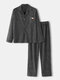 Mens Bee Embroidery Cotton Comfy Casual Striped Home Two-Piece Lapel Collar Loungewear Sets - Black