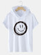 Mens Smile Face Graphic Short Sleeve Drawstring Hooded T-Shirts - White