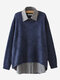 Solid Color Fake Two Piece Long Sleeve Sweater For Women - Blue