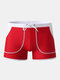 Mens Knit Solid Color Drawstring Swimming Trunks With Patchwork Pockets - Red