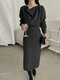 Ruffle Neck Pleats Designed Calf Length Back Zipper Dress - Black