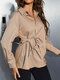 Solid Color Drawstring Knotted Lapel Collar Women Blouse - Khaki