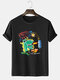 Mens Cartoon Dinosaur Print Crew Neck Cotton Short Sleeve T-Shirts - Black
