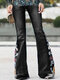 Embroidered Calico Prints Zipper Plus Size Flared Pants For Women - Black