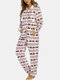 Women Plus Size Christmas Elk Print Flannel Zipper Jumpsuit Home Comfy Hooded Onesies - Pink
