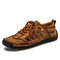 Men Closed Toe Hand Stitching Hole Leather Dress Sandals - Brown
