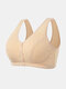 Plus Size Women Solid Color Ribbed Cotton Breathable Wireless Button Front T-Shirt Bra - Beige