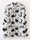 Cartoon Cat Print Lapel Long Sleeve Plus Size Casual Shirt for Women - White