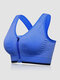 Plus Size Front Zipper Wireless Shockproof Full Cup Removable Pad Sports Bras - Blue