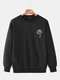 Mens Cotton Rose Printing Plain Casual Crew Neck Pullover Sweatshirts - Black