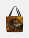 Women Cat Yellow Leaf Pattern Print Shoulder Bag Handbag Tote - Yellow