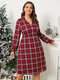 Plus Size Christmas Lapel Collar Plaid Knit Long Sleeves Midi Dress - Wine Red