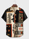 Mens Ethnic Totem Geometric Print Patchwork Lapel Short Sleeve Shirts - Apricot