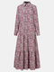 Floral Print Lapel Long Sleeve Plus Size Pleated Dress for Women - Purple