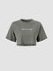 Letters Embroidery Short Sleeve Crew Neck Crop Top - Gray
