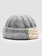 Unisex Acrylic Knitted Solid Color Striped Crochet Color-match Patch Warmth Brimless Beanie Landlord Cap Skull Cap - Gray