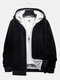 Mens Corduroy Pure Color Zip Front Plush Lined Casual Hooded Jacket - Black