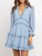 Bohemian Lantern Long Sleeve V-neck Ruffle Patchwork Dress - Blue 1#
