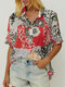 Multi-color Floral Print Short Sleeve Shirt For Women - Red