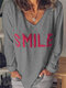 Letter Embroidery V-neck Long Sleeve Loose Casual Blouse For Women - Grey