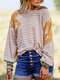 Floral Striped Print Patchwork O-Neck Loose Long Sleeve Blouse - Yellow